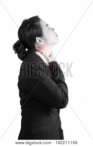 Acute Pain And Sore Throat Symptom In A Woman Isolated On White Background. Clipping Path On White B