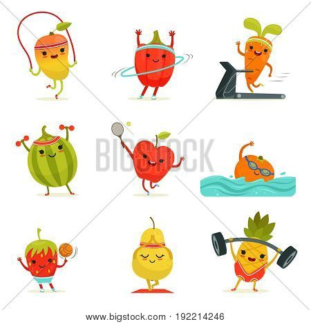 Funny fruits make fitness exercises. Vector cartoon set with diet foods. Sport happy fruits illustration