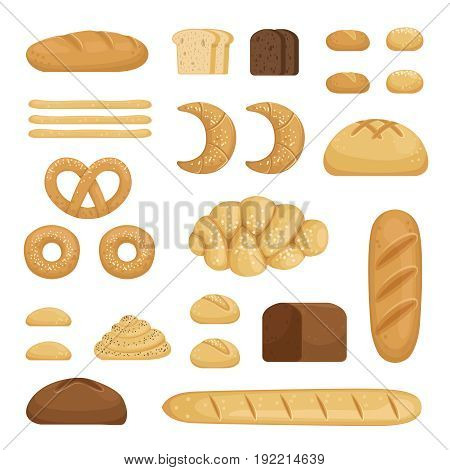 Different sorts of bread. Vector pictures of bakery food. Fresh different snack bread lunch illustration