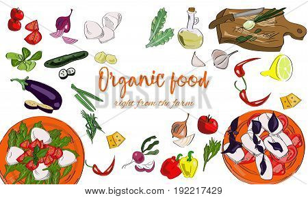 Hand Drawn Orgaanic Food Background With Dishes And Drawn Vegetables.