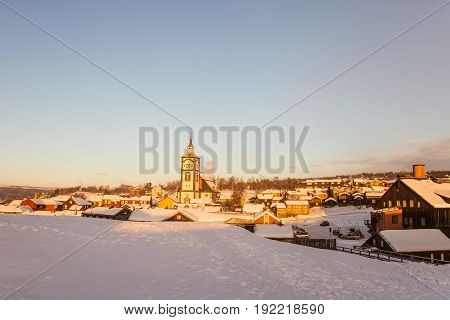 A Beautiful Morning Panorama Of A Small Norwegian Town Roros