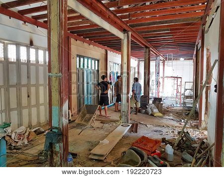 CHIANG RAI THAILAND - JUNE 1 : unidentified male people working on construction site on June 1 2017 in Chiang rai Thailand.