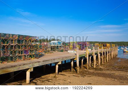 Crab farm and crab cages on Saint George Peninsula Maine USA