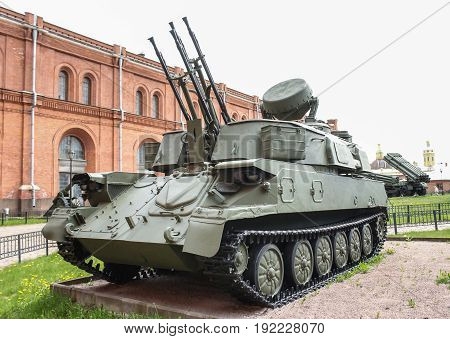 St. Petersburg Russia - 28 May, Self-propelled antiaircraft gun Shilka, 28 May, 2017.
Military History Museum of combat equipment in St. Petersburg.