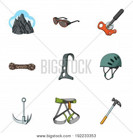 Ice ax, conquered top, mountains in the clouds and other equipment for mountaineering.Mountaineering set collection icons in cartoon style vector symbol stock illustration .