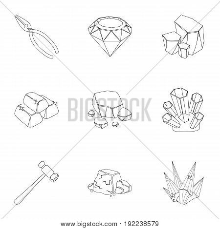 A set of jewelry, crystals, minerals and expensive metals. The jeweler inspects the ornaments.Precious minerals amd jeweler icon in set collection on outline style vector symbol stock web illustration.