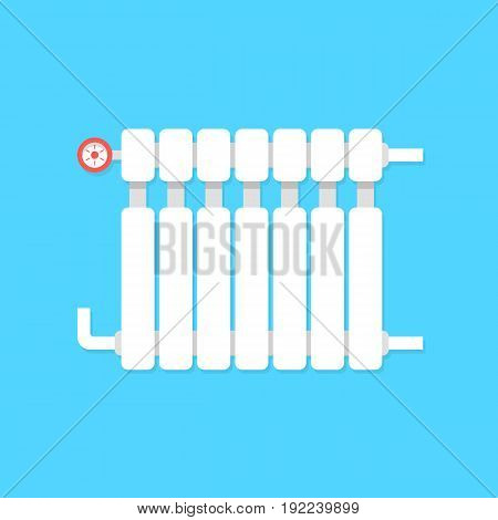 radiator icon with temperature regulation. concept of interior comfort, iron pipe, cozy lodging, power heatsink, cooler. isolated on blue background. flat style trend modern design vector illustration