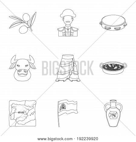 A set of pictures about Spain. Sights of Spain, gypsies, guitar, dances.Spain country icon in set collection on outline style vector symbol stock web illustration.