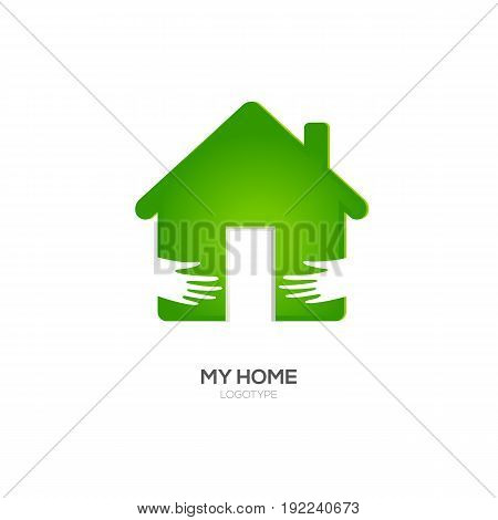 Home Logo Design Template. Vector Illustration. Two hands hug green house icon. Open door with light. Recommended for eco friendly, social oriented projects.