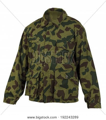 Protective camouflage jacket isolated on white background