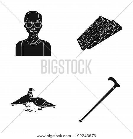 Elderly men, tablets, pigeons, walking cane.Old age set collection icons in black style vector symbol stock illustration .