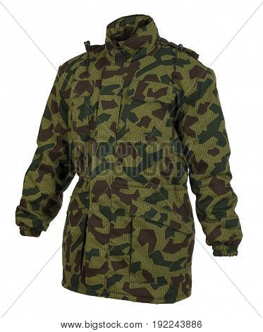 Multi pocket camouflage quiled coat with hoad isolated on white