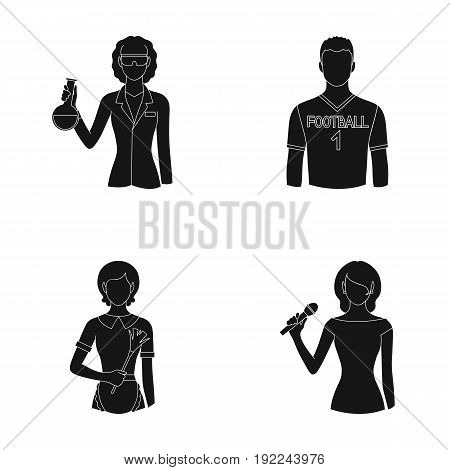 Woman chemist, football player, hotel maid, singer, presenter.Profession set collection icons in black style vector symbol stock illustration .