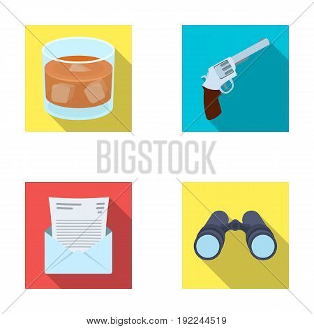 A glass of whiskey, a gun, binoculars, a letter in an envelope.Detective set collection icons in flat style vector symbol stock illustration .