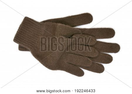 Warm brown woollen gloves isolated on white background