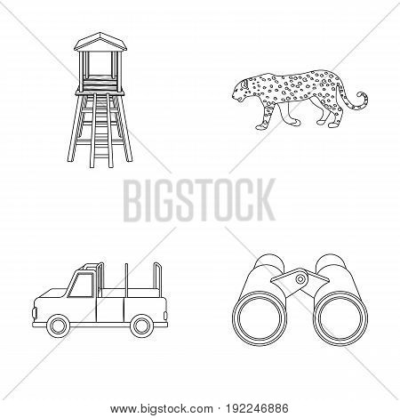 Observation tower for the hunter, leopard, hunting machine, binoculars. African safari set collection icons in outline style vector symbol stock illustration .