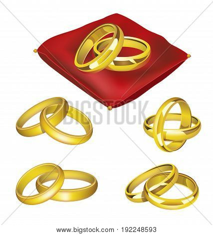 Wedding Rings - realistic modern vector set of gold objects on red pillow in different positions. White background. Use this quality clip art elements for your invitation design. Greet the newly weds.