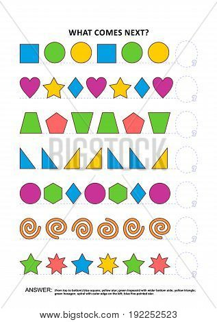 Shapes and colors themed educational logic game training sequential pattern recognition skills: What comes next in the sequence? Answer included.