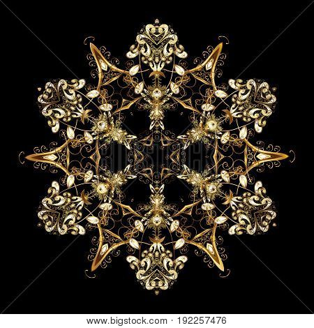 Design. Stock vector illustration falling snow. Golden snowflakes snowfall stylized snow on black background.