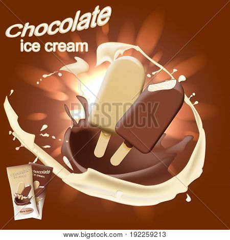 Milk chocolate ice cream with chocolate and milk on chocolate background. Vector illustration.