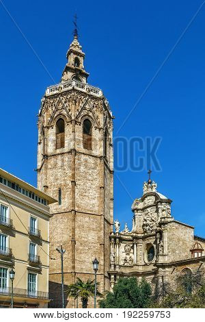 View of Valencia Cathedral or Basilica of the Assumption of Our Lady of Valencia from Plaza de la Reina Spain