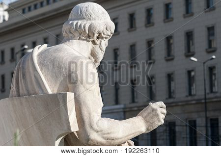classic statue of sitting Plato in athens