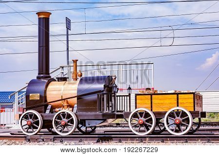 Moscow Russia - August 02 2014: Model of the first russian steam locomotive made by Cherepanovs in Cherbinka.