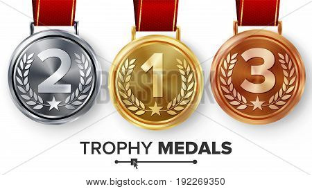 Champion Medals Set Vector. Metal Realistic First, Second Third Placement Achievement. Round Medals With Red Ribbon, Relief Detail Of Laurel Wreath, Star.