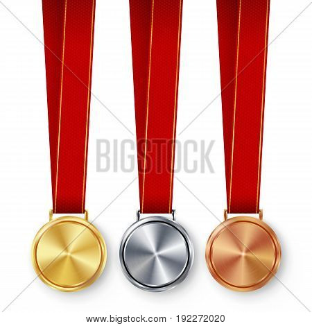 Champion Medals Blank Set Vector. Metal Realistic First, Second Third Placement Prize. Classic Empty Medals Concept. Red Ribbon, Laurel Wreath.