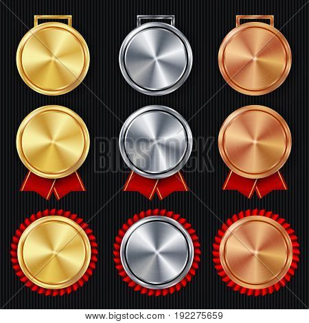 Medals Blank Set Vector. Realistic First, Second Third Placement Prize. Classic Empty Medals Concept. Red Ribbon. Sport Game Golden, Silver, Bronze Achievement Template. Honor Prize.