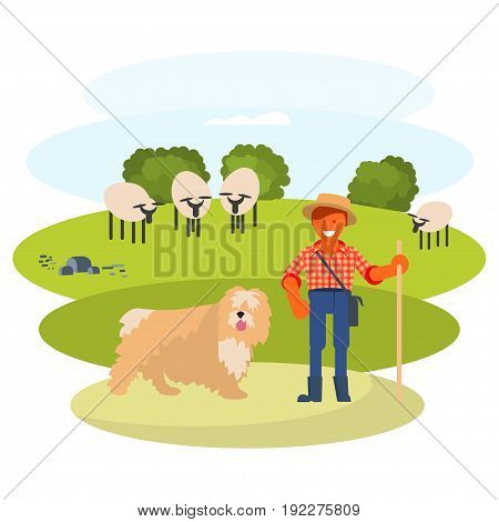 Young man cattleman with his Shepherd dog graze sheep in pasture. Flat Cartoon Character of pet and his owner. Colorful Vector Illustration eps 10