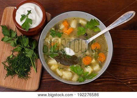 Healthy pickled cucumber soup with other vegetables