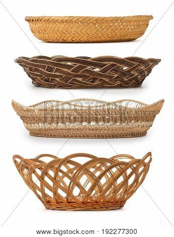Set Of Wicker Baskets, Breadbaskets, Bread-plates, Dishes For Food Or Fruits Isolated On A White Bac