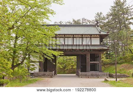 HIROSAKI JAPAN - MAY 23 2017: Sannomaru East Gate (circa 1611) of Hirosaki Castle Japan. Castle was erected in 1611 by Tsugaru Nobuhira designated National Historic Site in 1952