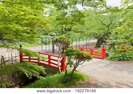 HIROSAKI JAPAN - MAY 23 2017: Hane-bashi Bridge of Hirosaki Castle Japan. Castle was erected by Tsugaru Nobuhira in 1611 designated National Historic Site in 1952