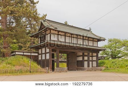 HIROSAKI JAPAN - MAY 23 2017: North (Kikkomon) Gate (circa 1611) of Hirosaki Castle. Important Cultural Property of Japan since 1937