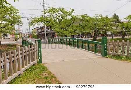 HIROSAKI JAPAN - MAY 23 2017: Kamenoko-bashi Bridge of Hirosaki Castle Japan. Castle was erected by Tsugaru Nobuhira in 1611 designated National Historic Site in 1952