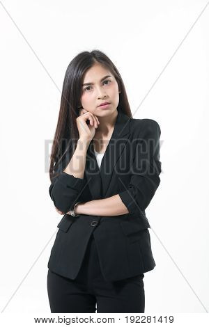 Asian business women are thinking to create new jobs and are smiling and working happy on white background