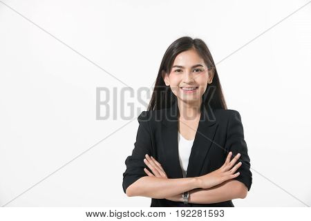 Asian business women are smiling and working happy on white background