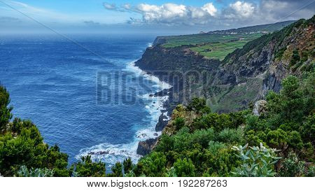 Wide angle view of volcanic coast with high cliffs in Terceira, Portugal