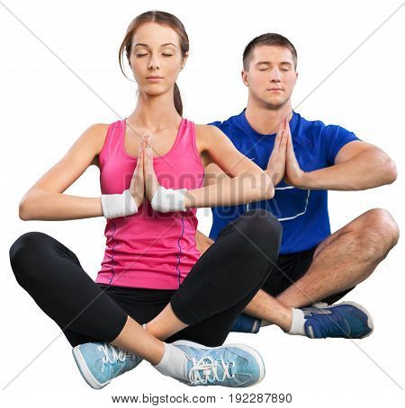 Young healthy position couple yoga sport white