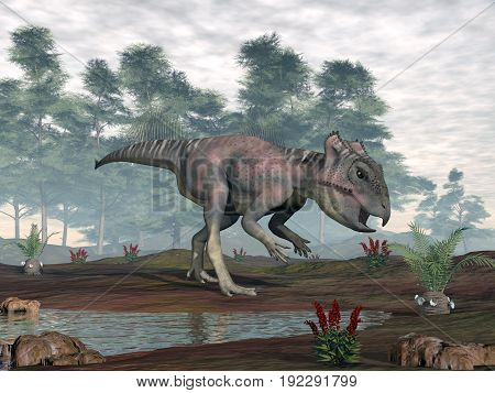 Archaeoceratops dinosaur looking for food cycaeodia to eat in the desert by day - 3D render