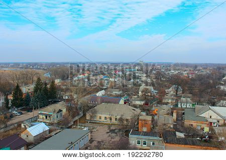 Beautiful panorama of Kozelets town from above in Ukraine