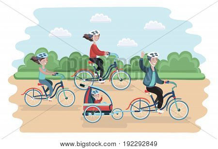 Vector illustration of family ride the bike in the park. Healthy leisure and freedom riding bike. Man, woman, boy and girl pedaling on summer time vacation.