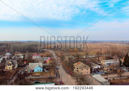 Beautiful panorama of Kozelets town from above in Ukraine