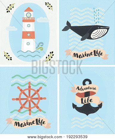 Vector set of greeting marine cards and sea elements collection illustrations. Vintage style: lighthouse, whale, wheel and anchor. Element for print. tsirts and your design