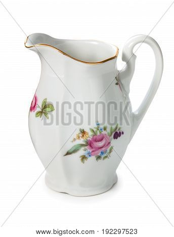 Vintage Czech Porcelain Creamer, Old Style Rich Decorated By Flower Decors Isolated On A White Backg