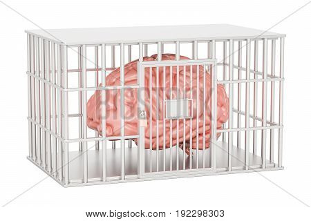 Cage prison cell with a brain inside 3D rendering isolated on white background
