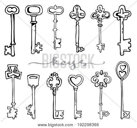 Vector set of hand-drawn antique keys. Illustration in sketch style on white background. Old design