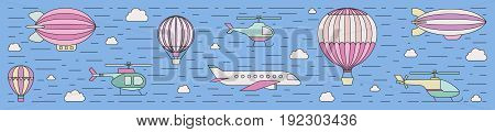 Air transportation outline horizontal illustration. Clean and simple design. Part four.